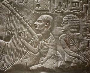 Egyptian wall art – blind harpist. Limestone scene from the Tomb Chapel of Paätenemheb, Sakkara. 1333-1307 B.C. Museum van Oudheden, Leiden